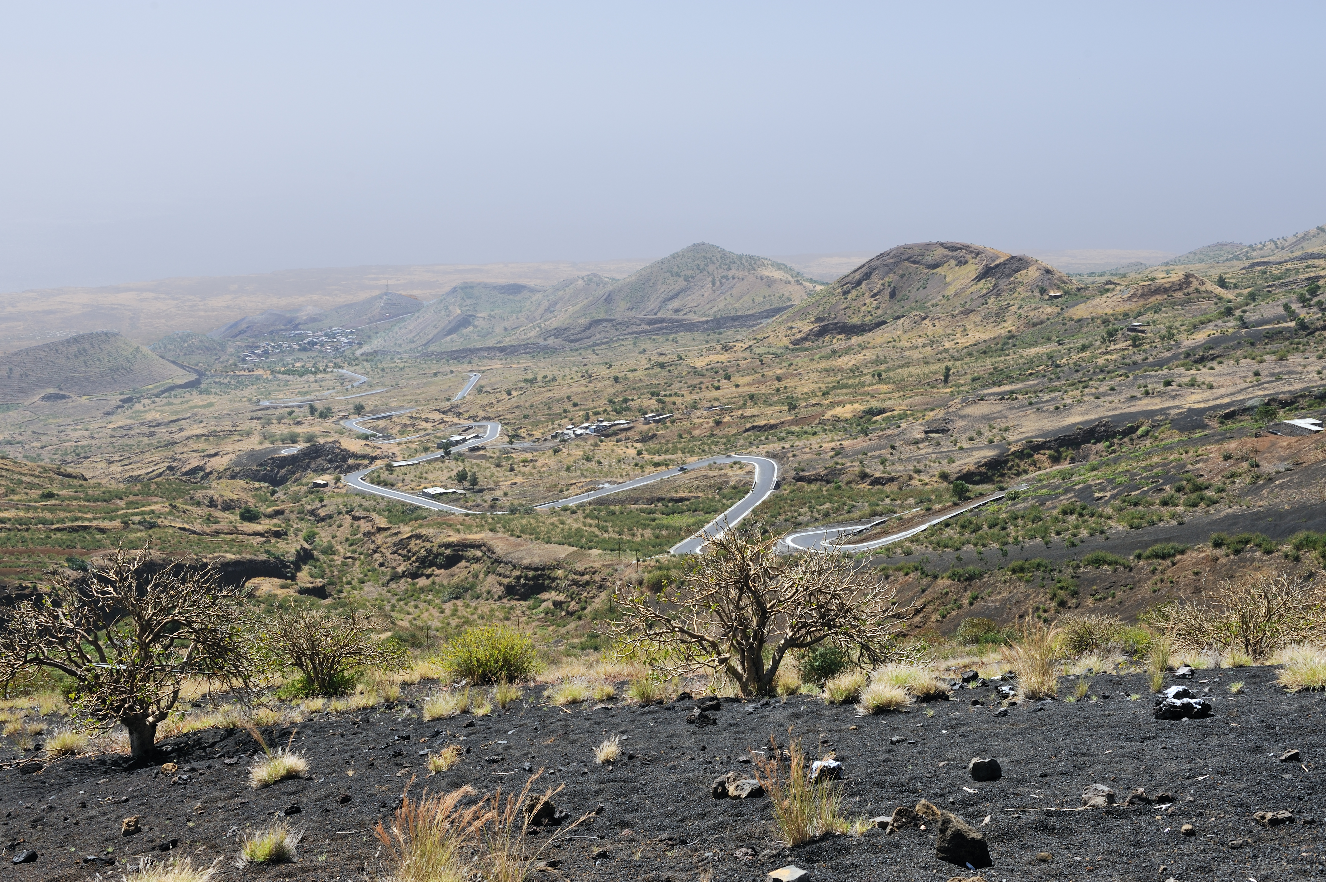 A volcanic road and landscape on Fogo island in Cape Verde.