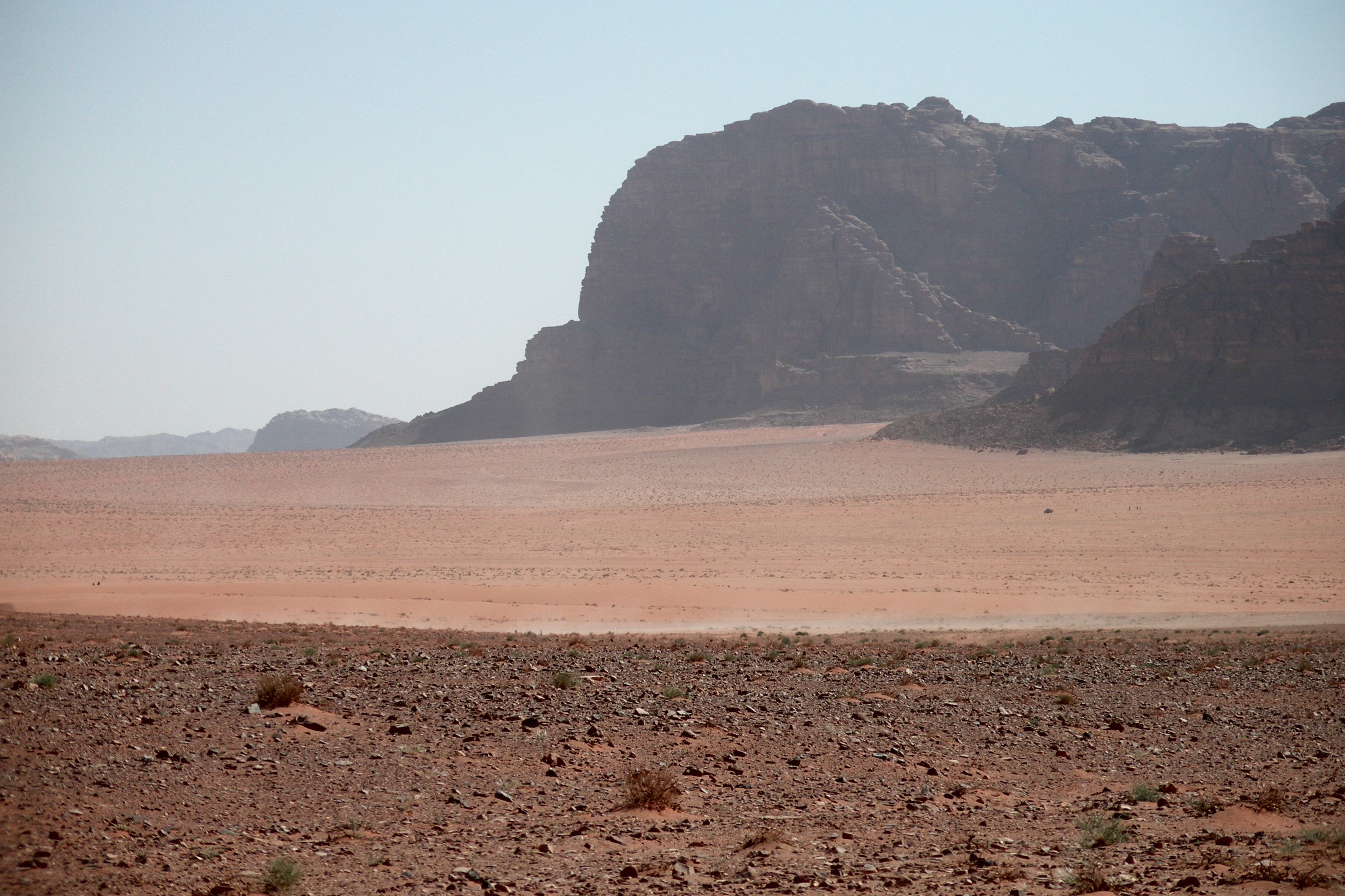 Wide desert landscape in Wadi Rum, Jordan.